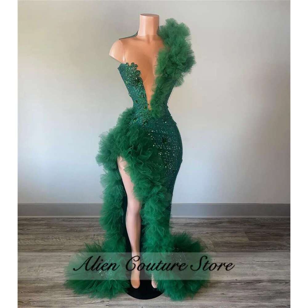 Sparkly Green Mermaid Prom For Black Girls Beading Dias Crystal Ruffle Split Birthday Party Dress 2024 Customized Dr0318