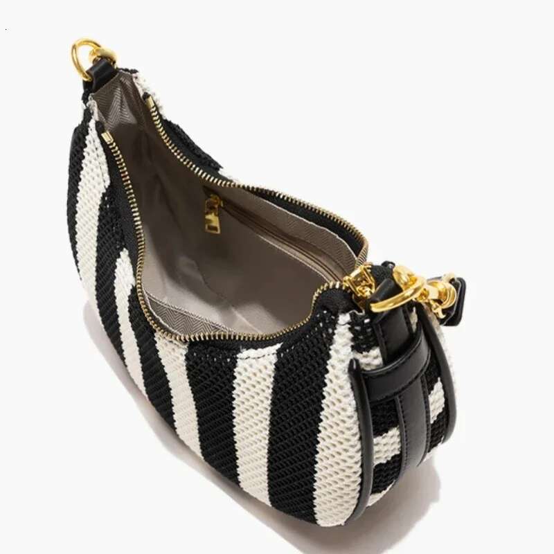 Meet You Women's Half Moon Hobo Simple Black White Color Contrast Stripe Armpit High Quality Seaside Beach Shoulder Bag