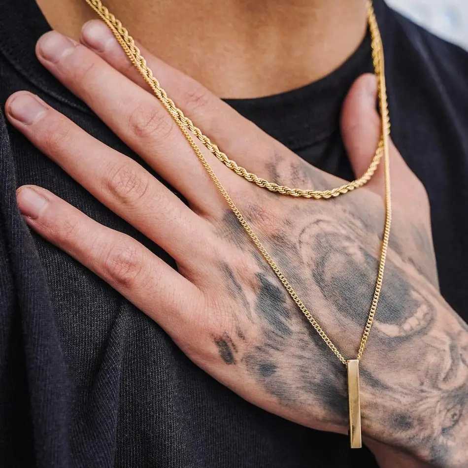 Vnox 3D Mens Vertical Bar Necklace Layered Stainless Steel Geometric Pendant Layered Wheat Rope Cuban Chain Boys Collar W250318