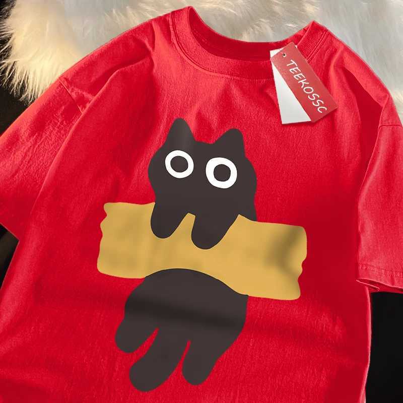 Interesting adhesive tape cat print Japanese style short sleeved mens and womens cotton oversized T-shirt O-neck new top teeT250318
