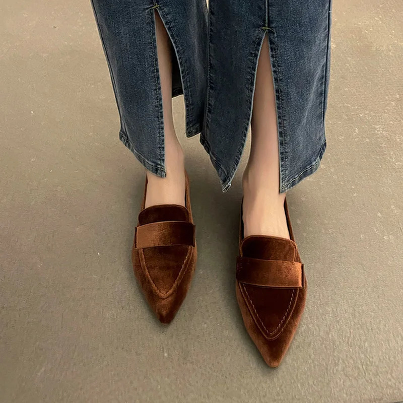Women Velvet Moccasins Fashion Pointed Toe Loafers Ladies Spring Purple Velour Ballet Flat Shoes 250318