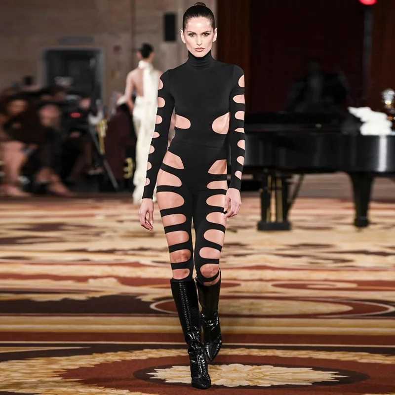 New style hollow sexy long sleeved jumpsuit asymmetric hot girl personal suit X250318