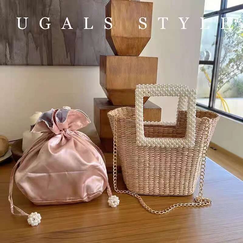 Fashion Women's Handbag Straw Woven Handmade Bucket Pearl Beaded Handle Tote Holiday Beach Large Capacity Casual Bag