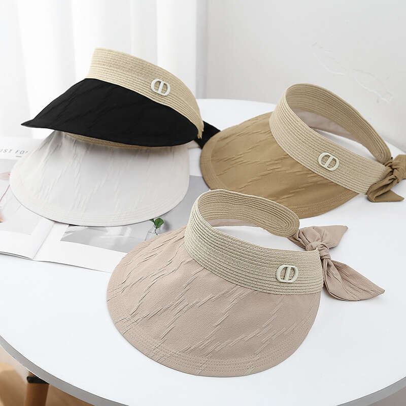 Summer new grass woven spliced empty top for women, foldable hat, sweet bow, small face, trendy sun protection hat