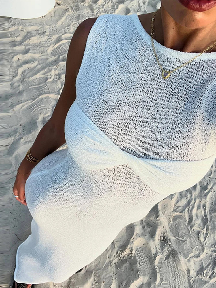 Knitted Sleeveless See Through Dress Women O-neck Slim Sexy Beach Maxi Dresses 2025 Summer White Hip Package Party Beachwear 250318