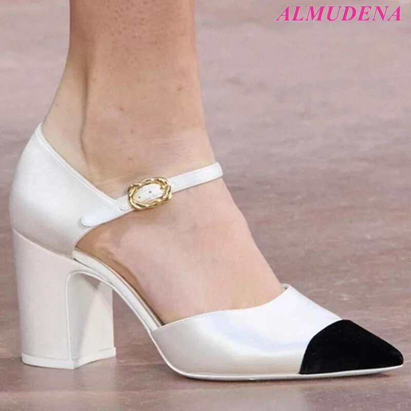 2025 New In Runway Women's Chunky Heel Mary Jane Pointed Toe Strap Mixed Colors Pumps Vintage Designer Party Shoes