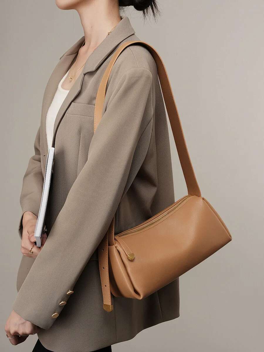 New Autumn Genuine Leather Boston Bags For Women 2023 Cowhide Shoulder Ladies Crossbody Bag High Quality Handbags Brown
