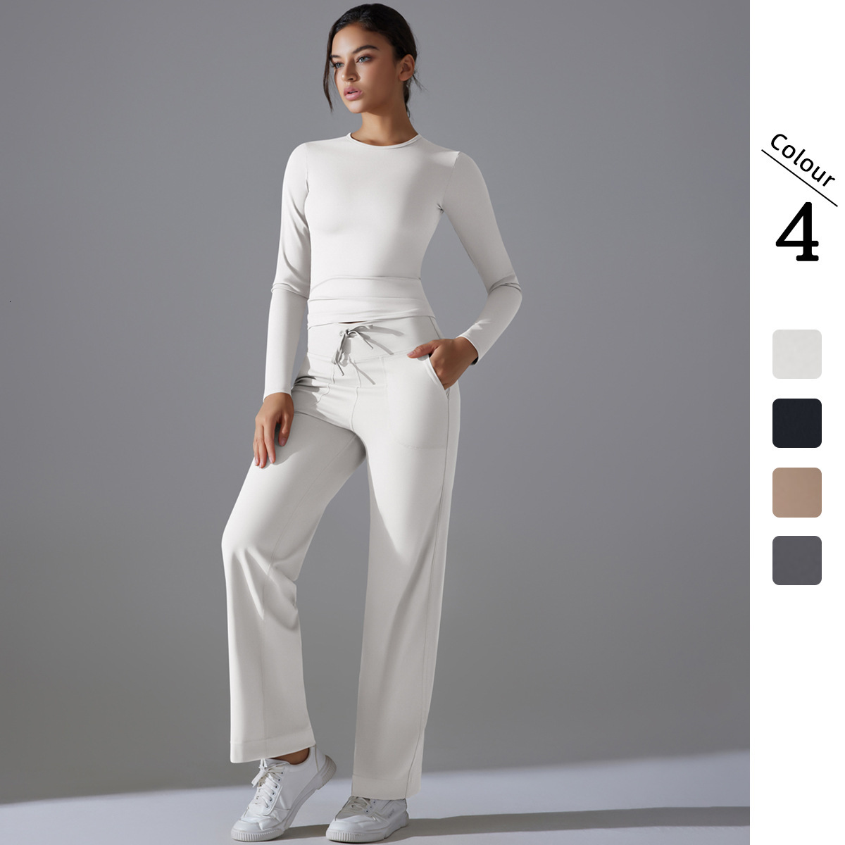 tracksuit Double sided nylon solid color long sleeved yoga suit set, high waist wide leg sports running fitness two-piece set leggings