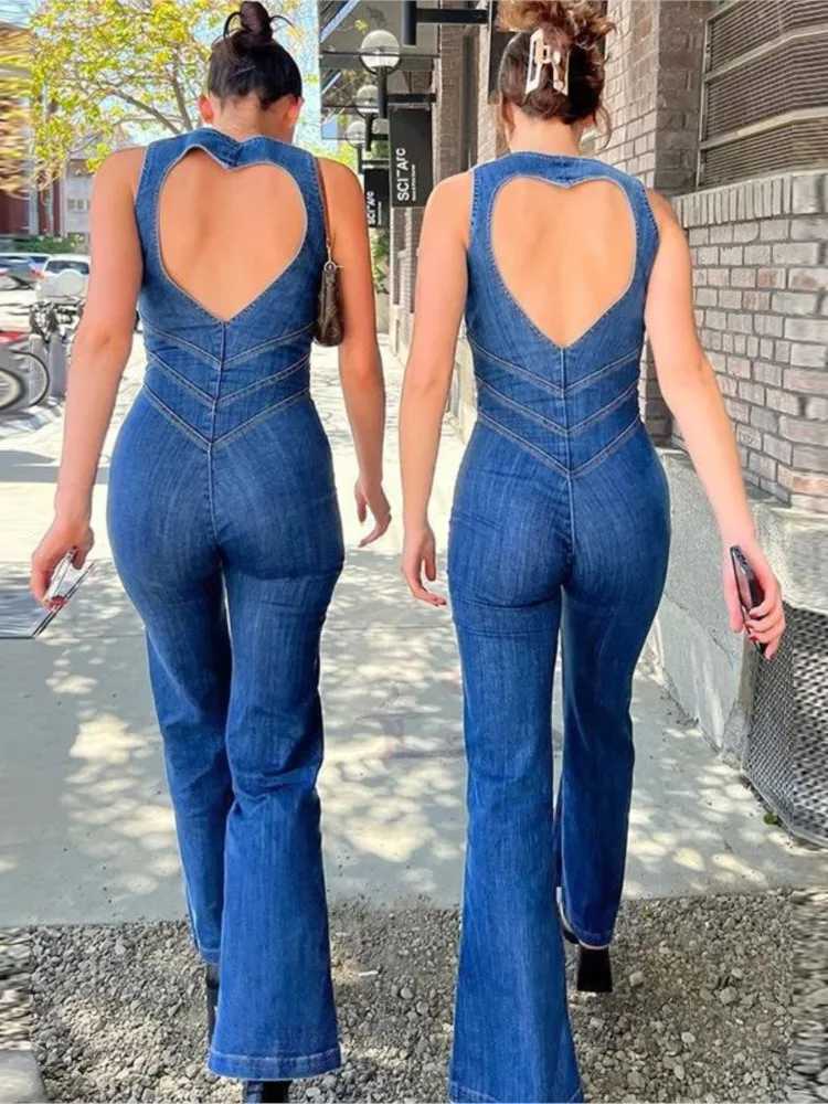 New womens spring and summer slim fit fashionable zipper sexy strapless high waist micro flash denim jumpsuit X250318