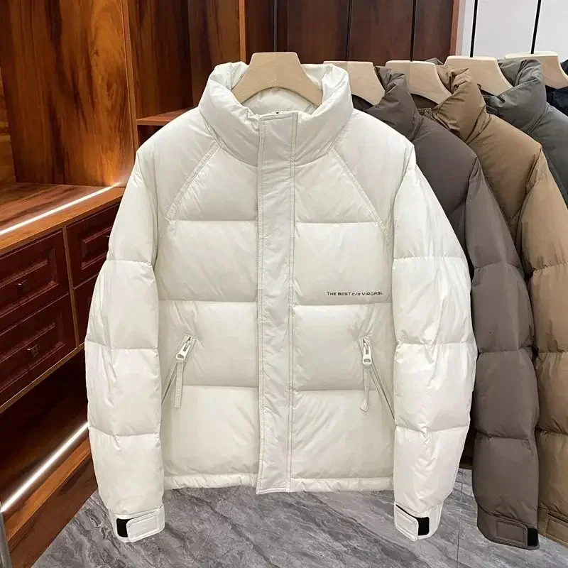 Winter white duck down jacket mens Korean version fashionable solid color casual stand collar short thick warm 250109Z