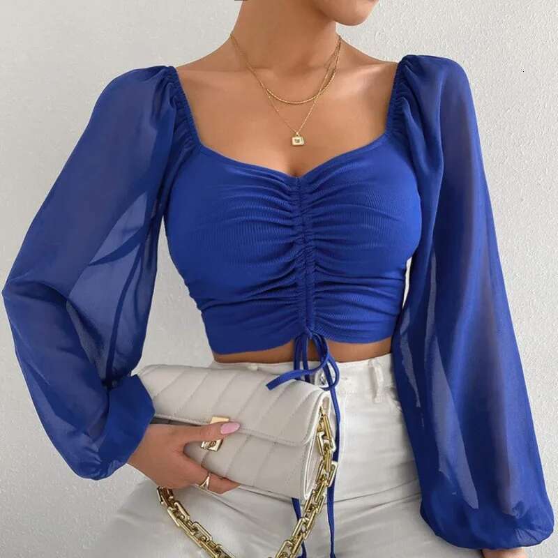 Ladies Blusas Summer Short Tshirt Woman Clothes Long Sleeve Sexy V-Neck Women T Shirt Casual Drawstring Crop Tops Tee