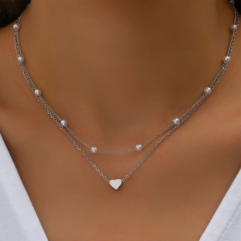 Imitation Pearl Chain Love Pendant Double Necklace Female Simple Temperament Multi-layer Choker Jewelry