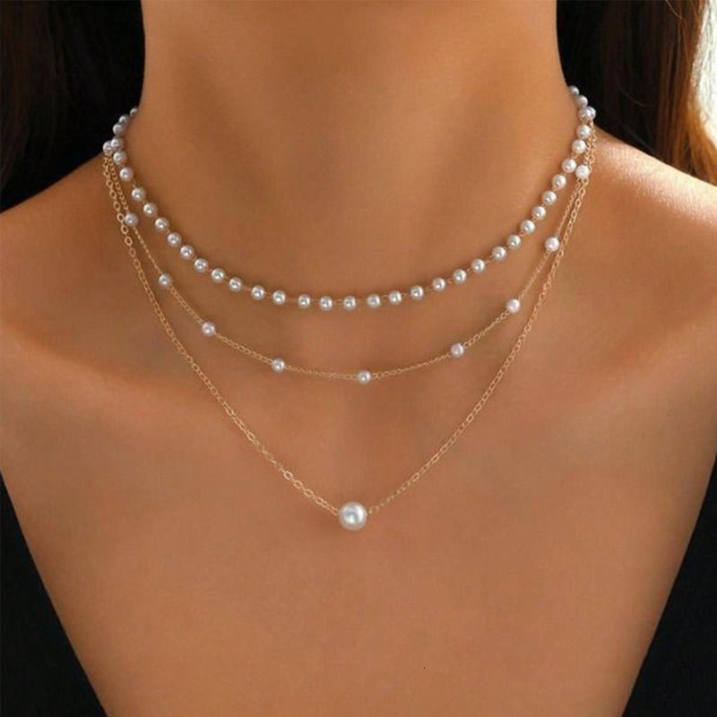 Three Layers Of Imitation Pearl Chain Necklace Women's New High-grade Choker Collar Bone Chain Jewelry
