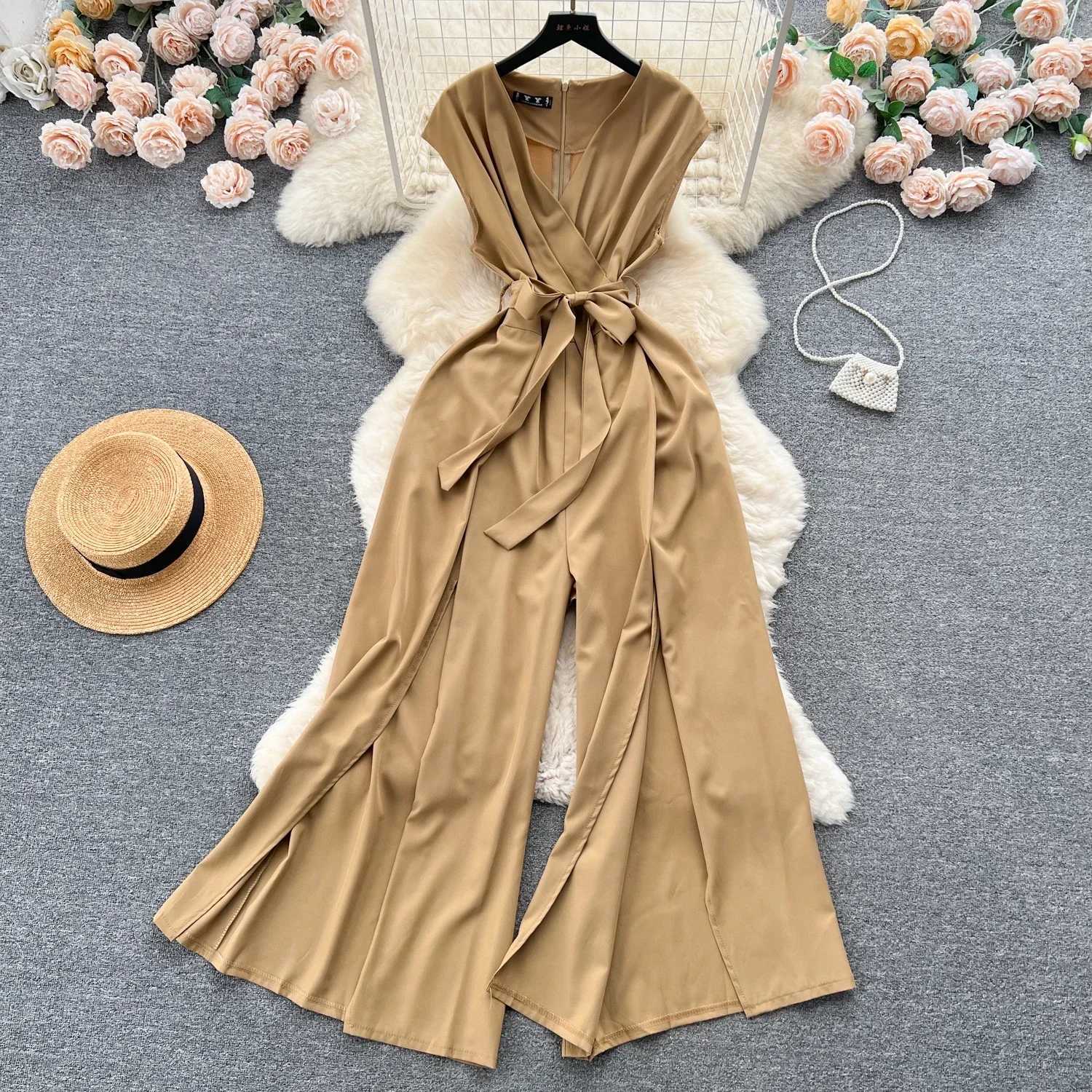 Summer Vintgae Womens Wide Leg jumpsuit Elegant V-Nevck Sveless High Waist Ultra Thin Casual Bandage jumpsuit New Fashion X250318