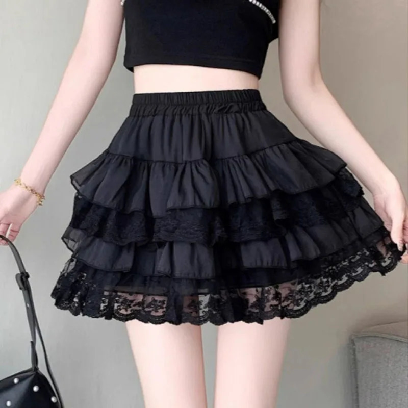 Elastic Gothic Lace Tutu Skirt Women Black Mesh Detail Petticoat Sexy Mini Tulle Skirts Party Club Wear Dancer 250318