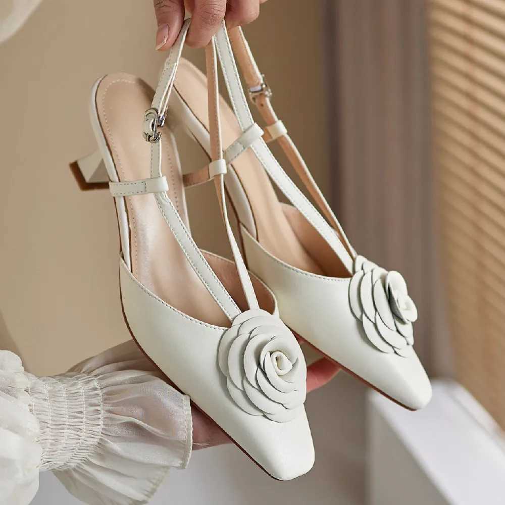 Warm leather high-heeled shoes toe slip back summer pump elegant womens slim daily dress sandals floral shoes Y250317
