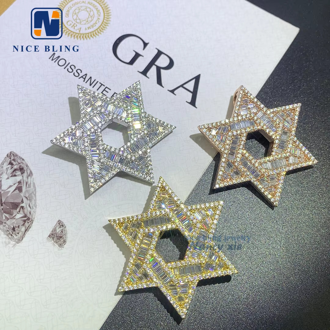 Trendy Jewelry Iced Out S925 Hexagonal Star Moissanite Hip Hop Pendant Custom Vvs Diamond Moissanite Pendant