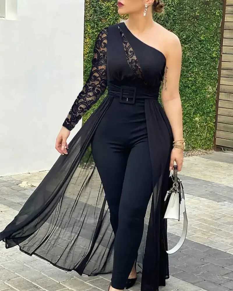 2025 Summer Womens Sexy Round Neck Rhinestone Shr Mesh Slveless Jumpsuit with Belt New Fashion Rompers Womens Jumpsuit X250318
