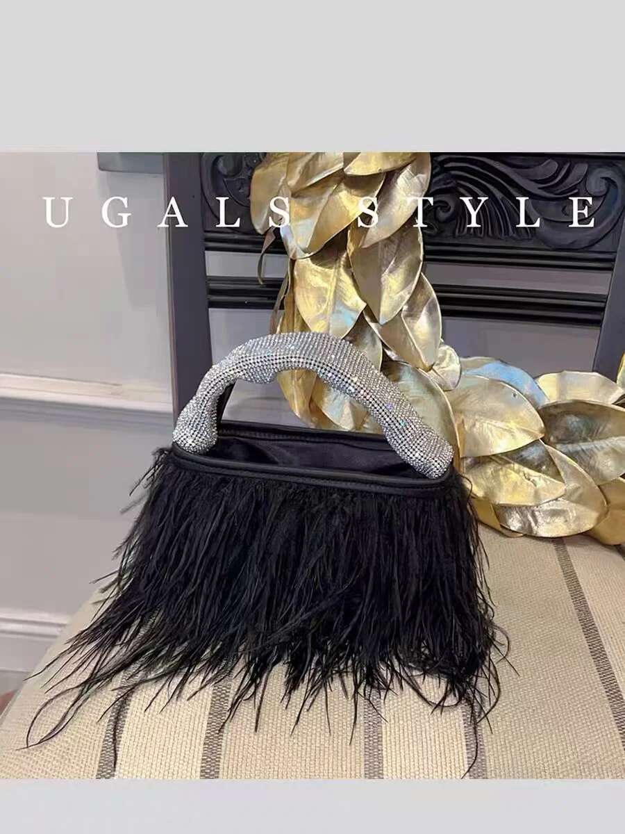 Fashion Ostrich Hair Women's Handbag Glitter Shiny Dia Handle Evening Wedding Party Clutch Purse Shoulder Bag