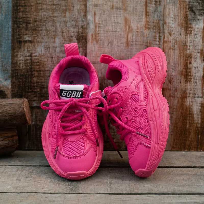 Childrens sports shoes New rose red sports shoes suitable for girls mesh breathable version childrens fashion boys leather boots running shoes W250318