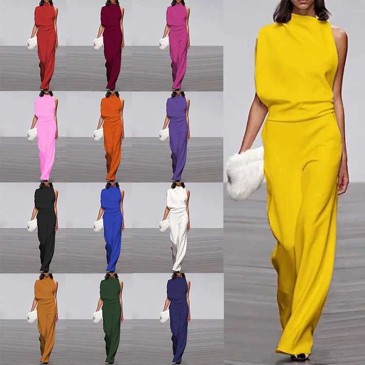 Solid color irregular Sveless jumpsuit womens fashionable temperature sexy backless foldable Slightly Flared jumpsuit women 2024 X250318