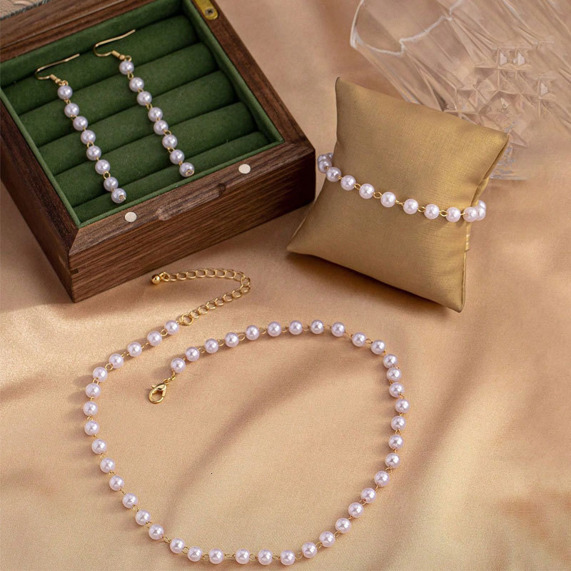 6mm Imitation Pearl Necklace Bracelet Earrings Three-piece Set Women's Beaded Chain Collar Hand Earrings
