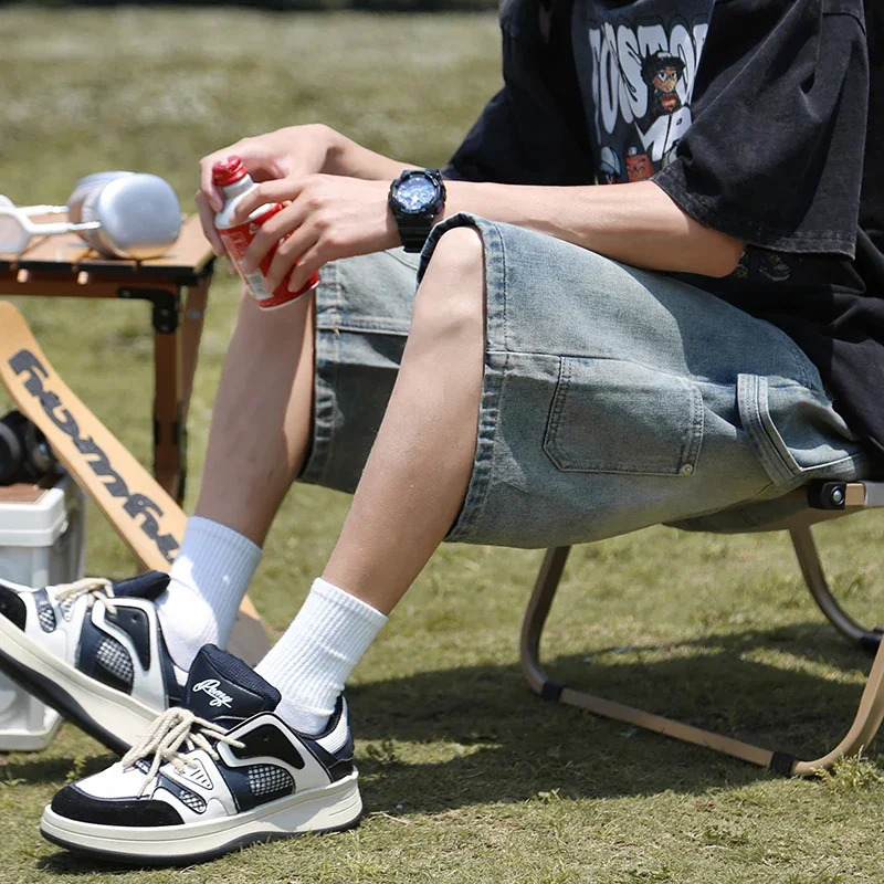 Summer high street straight denim mens retro loose casual shorts wear elastic waist cargo 250317