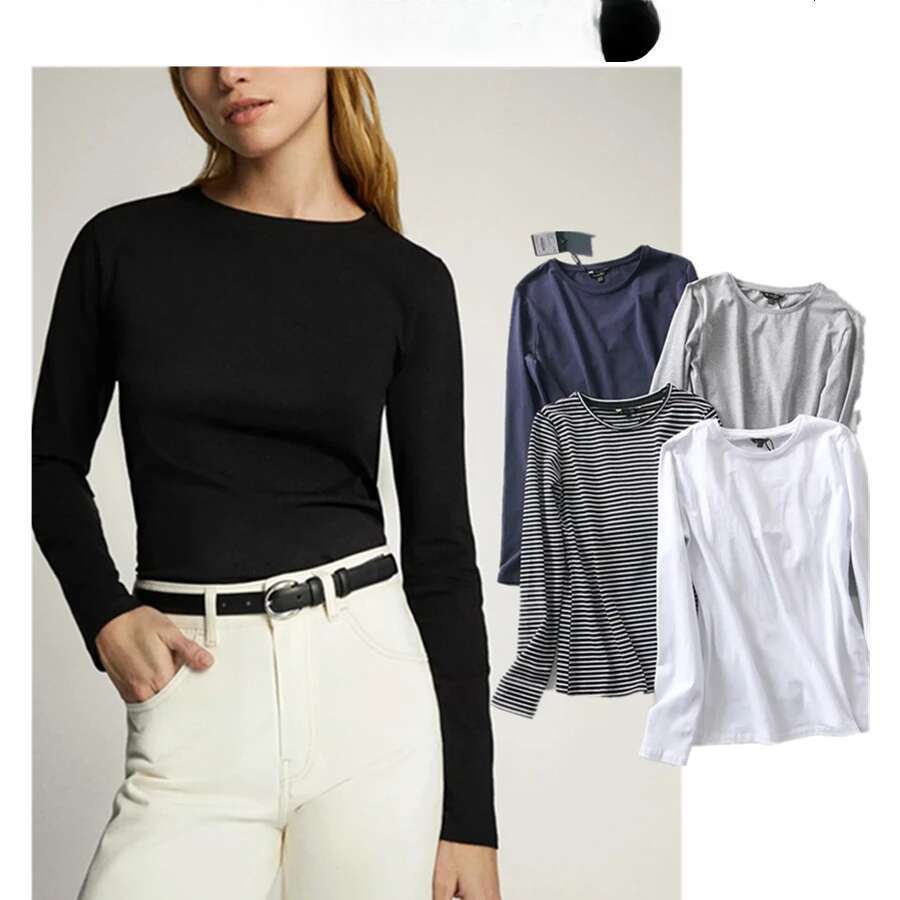 Maxdutti Camisetas Verano Mujer England Style Slim Summer T-Shirt Women Cotton O-Neck Simple Basic Solid Long Sleeve Tshirt