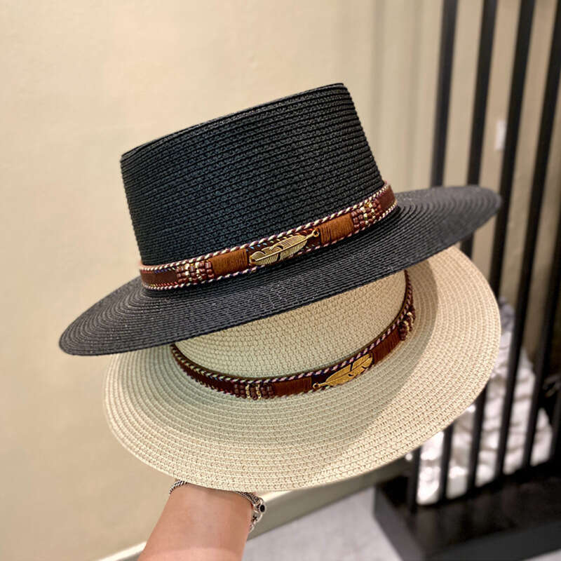 Summer women's sunshade flat wide brimmed beach Bohemian belt top versatile straw woven hat