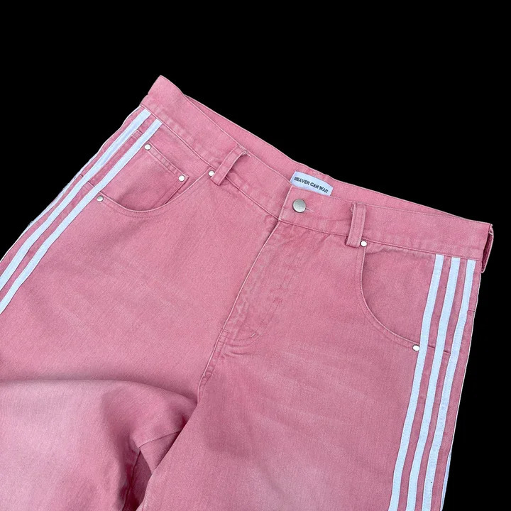 Korean Trend Kawaii Pink Striped Embroidery Baggy Jeans Womens Y2K Harajuku Hip-Hop Gothic Street High Waist Wide Trousers 250318