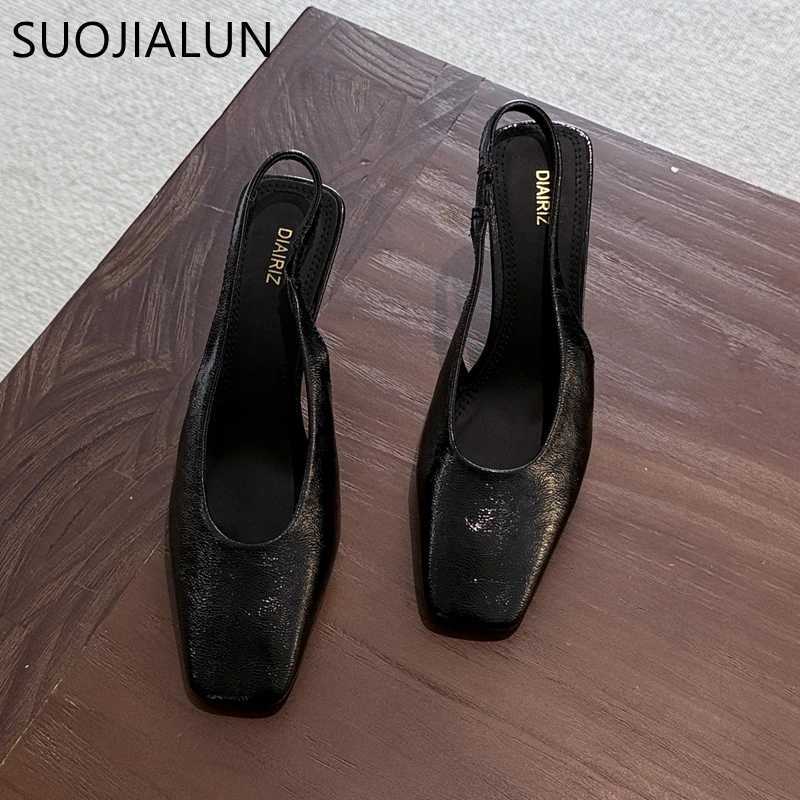 SUOJIALUN 2025 Spring New Sandals Fi Red Square Toe Shallow Smooth Elastic Back Shoes Thin High Heels Dress Pump Y250317