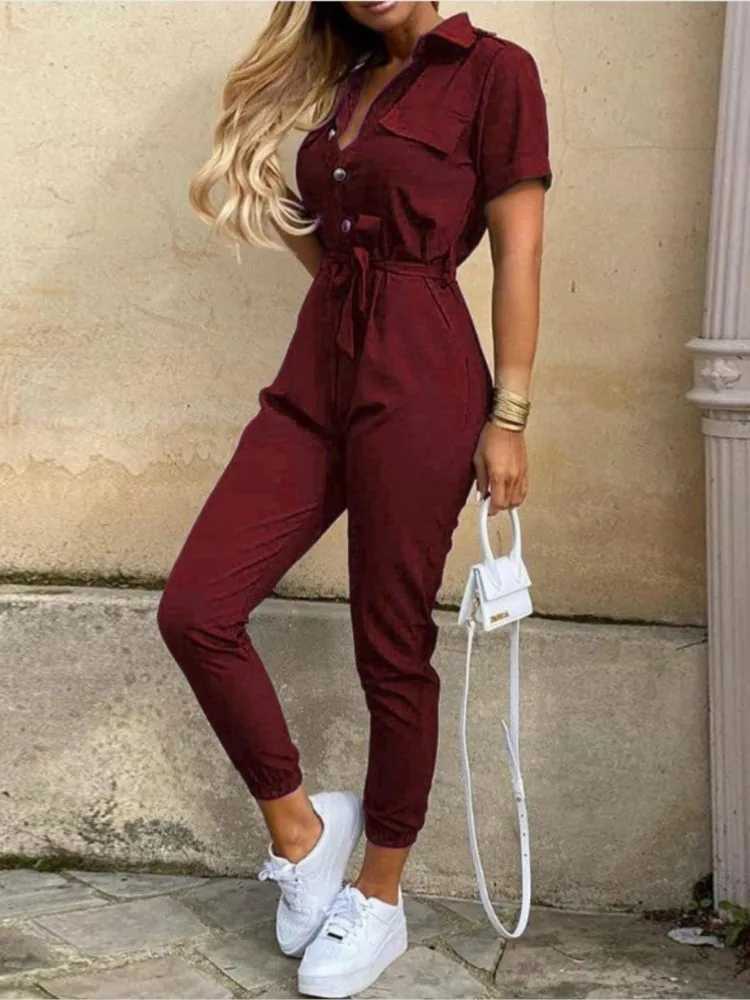 Summer Womens New Fashion Flip Collar Button Print Belt Lace Up Work Dress Casual Capris Jumpsuit Office X2503181