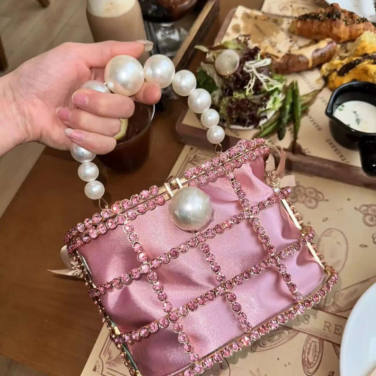 Gold Metal Cage Shiny Rhies Dia Evening Pearl Beaded Women Handbag Wedding Party Clutch Purse Crossbody Bag