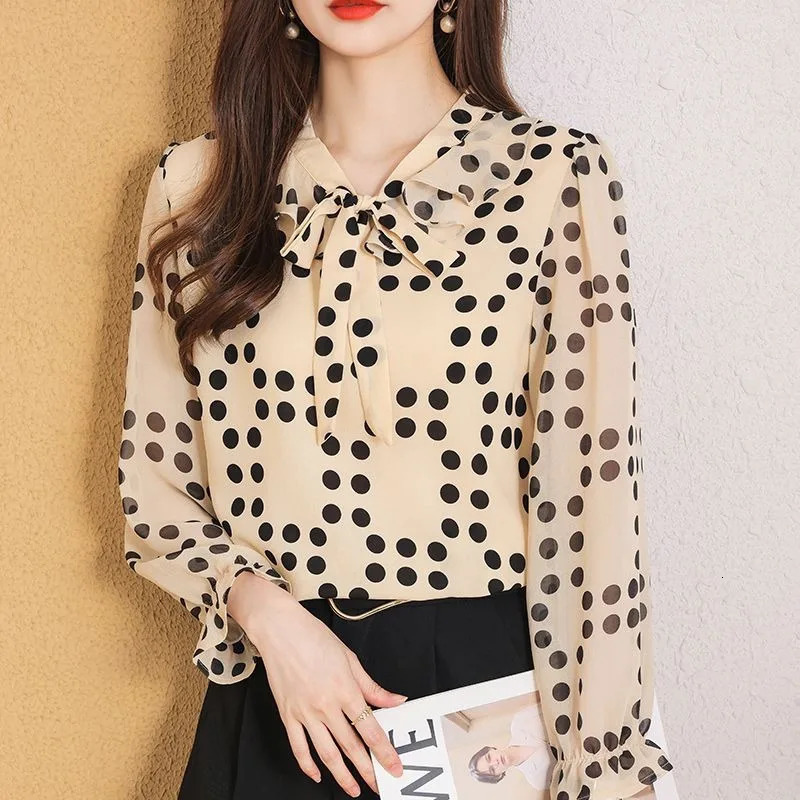 Women Spring Summer Fashion Printing Lacing V-neck Long Sleeve Chiffon Shirts Ladies Elegant Temperament All-match Casual Tops 250318
