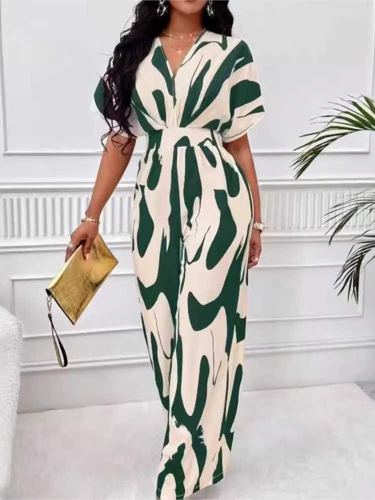 Womens fashionable jumpsuit short sleeved high waisted sexy V-neck printed wide leg pants summer new casual womens dress X2503181