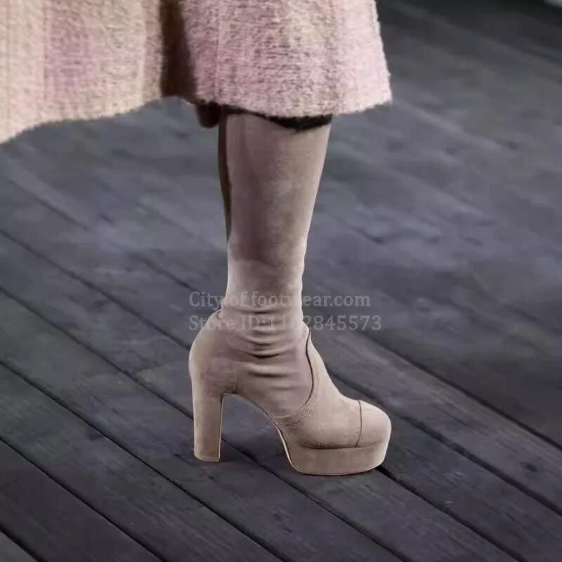 2024 Winter Runway New In Leather Platform Knee High Boots Women's Soft Black Chunky Heel Long Boot Designer Party Shoes