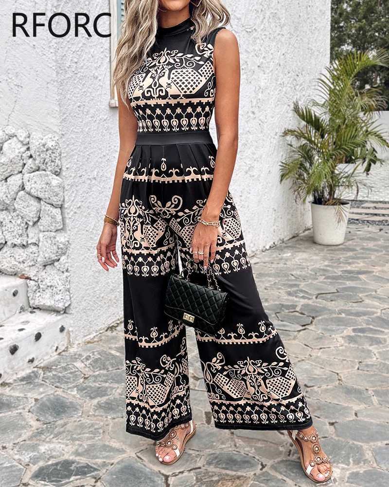 2024 Womens Allover Retro Pattern Strapless Round Neck Wide Leg Casual jumpsuit X250318