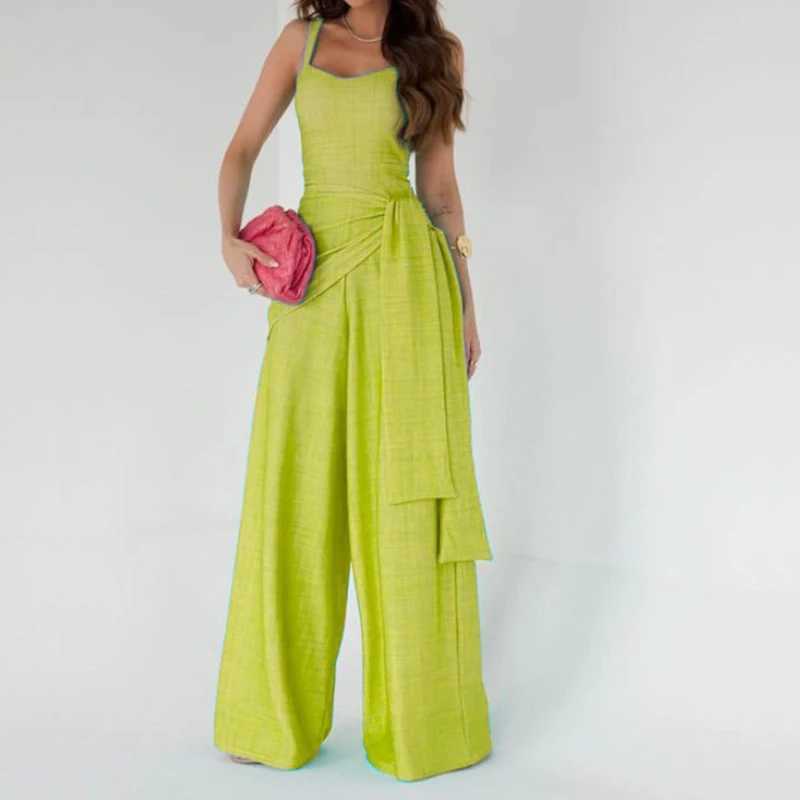 Office Fashion Waist Lace-up Long Jumpsuits Women Elegant Slveless Solid Party Rompers Summer Casual Loose Playsuits Overalls X250318