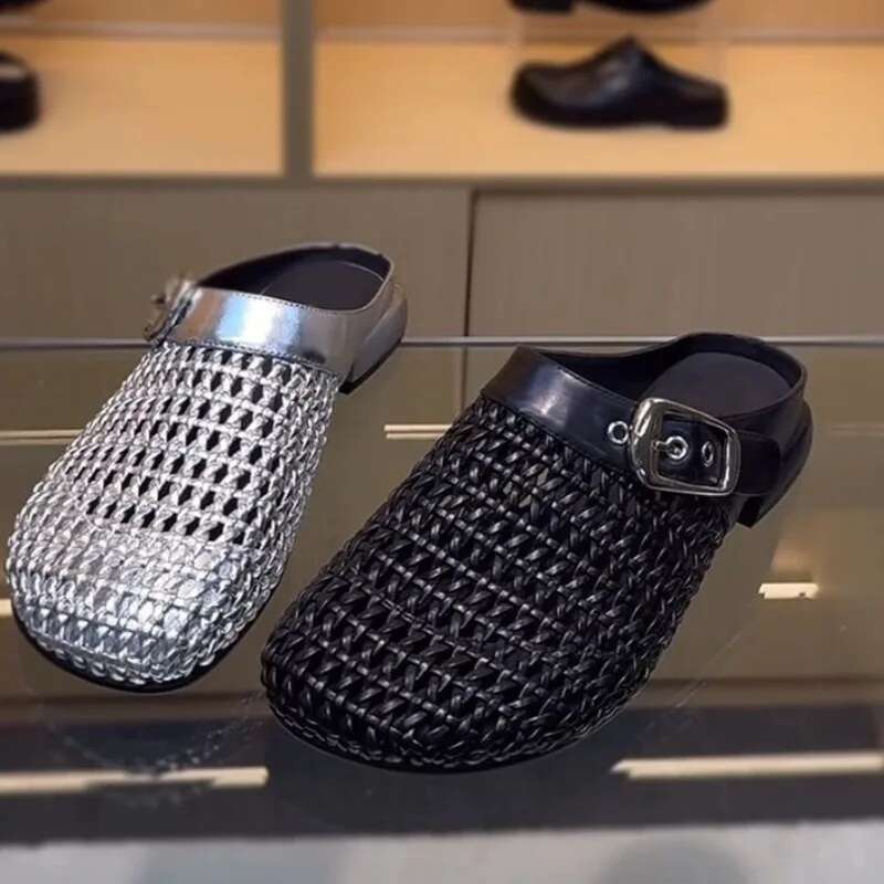 Woven Slippers Women Shoes Round Toe Metal Buckle Casual Style Lazy Outside Wearing Women's Sandals