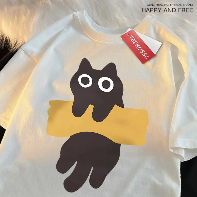Interesting adhesive tape cat print Japanese style short sleeved mens and womens cotton oversized T-shirt O-neck new top teeT250318