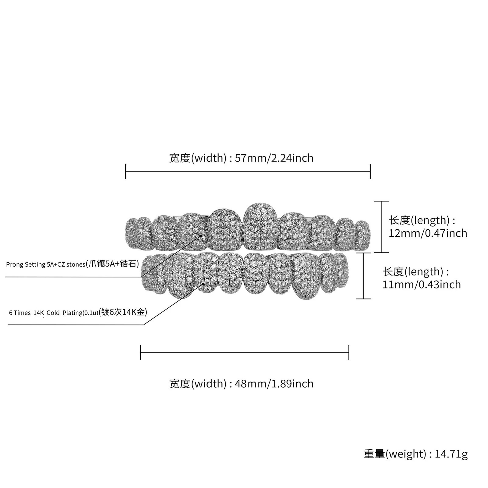 More Longer Shape Iced Out Teeth Hip Hop 10/10 Top Bottom Grills Dental Mouth Punk Teeth Caps Cosplay Party TG103 250318