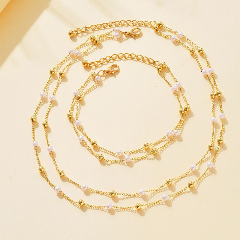 Double Bead Chain Necklace Women's Metal Ball Imitation Pearl Chain Multi-layer Choker Collarbone Chain Jewelry