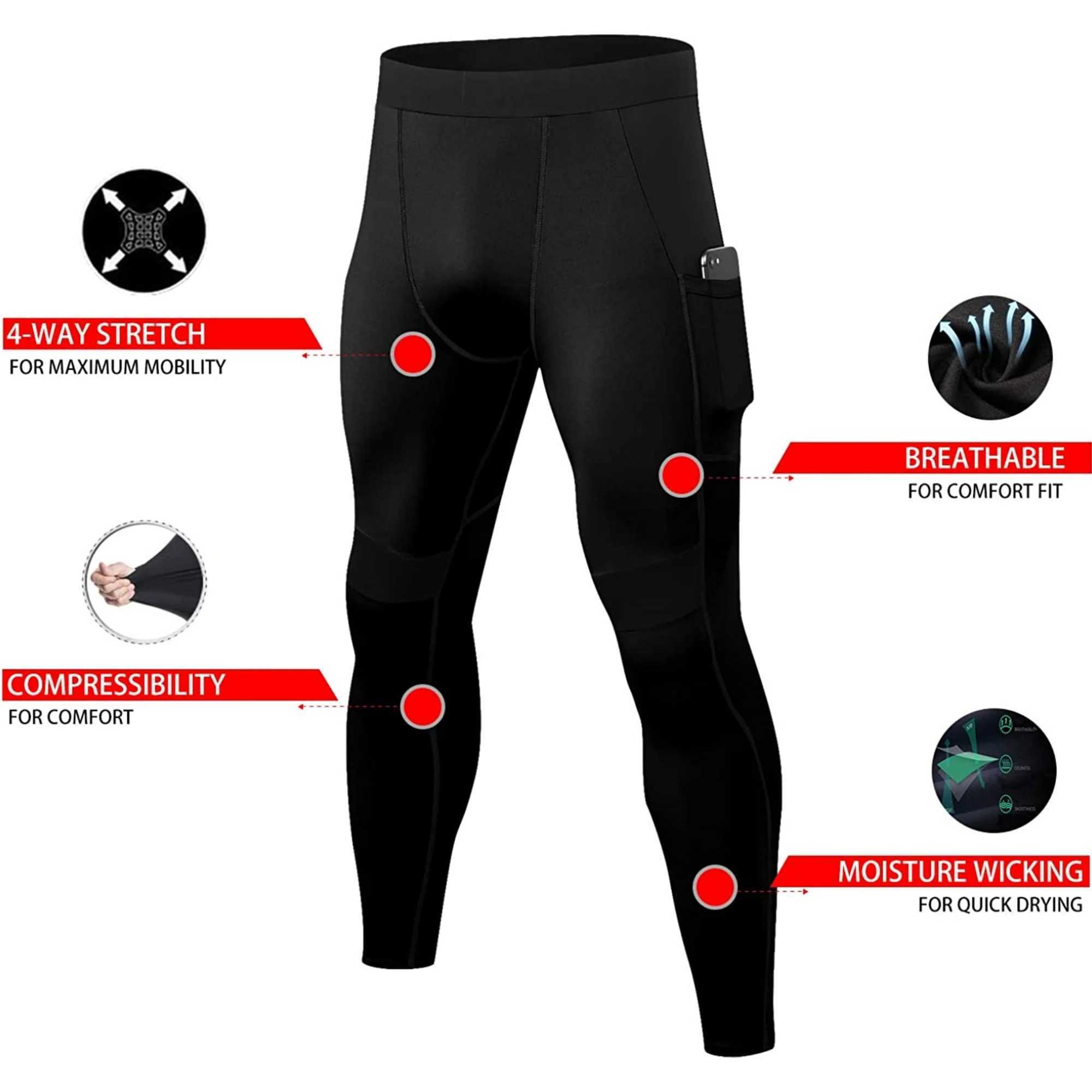 Mens compression pants with pockets exercise legs run tight cool and dry workout gym W250318