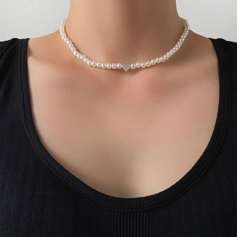 Love Imitation Pearl Splicing Necklace Women's Artificial Pearl Peach Heart Choker Collar Bone Chain Jewelry