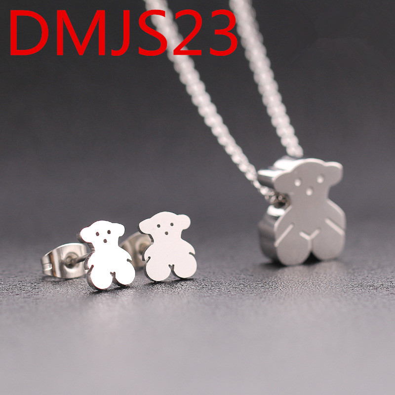 Hot Sale Fashion Women Men Silver Gold Stainless Steel Bear Cartoon Span Hollow White Bead Zircon Pendant Necklace Earrings Sets Jewelry