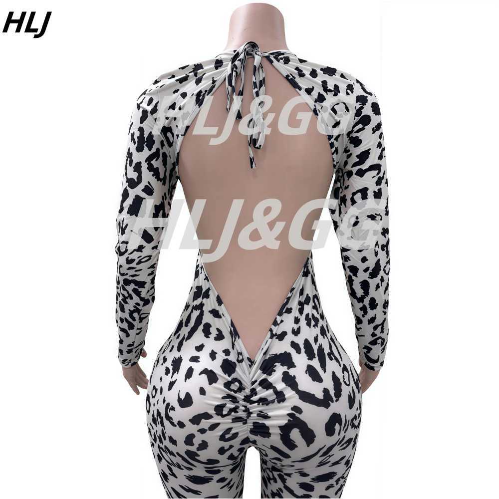 HLJ sexy backless lace Up Leopard Bodycon jumpsuit womens O-neck long Sleve leggings one-piece Playsuits fashion set X250318