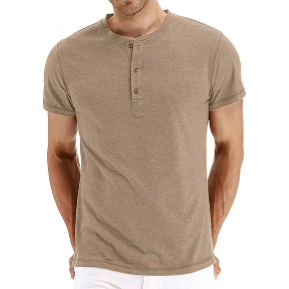 Brand high-quality cotton men's T-shirt Henry collar fashionable design fit solid T-shirt men's top short sleeved T-shirt men's