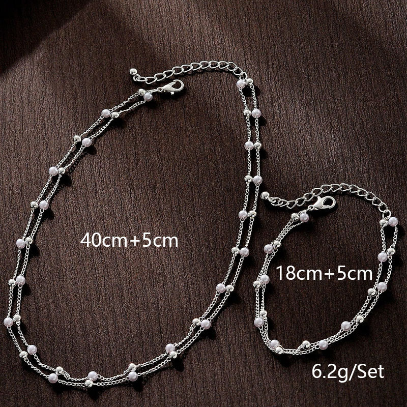 Double Bead Chain Necklace Women's Metal Ball Imitation Pearl Chain Multi-layer Choker Collarbone Chain Jewelry