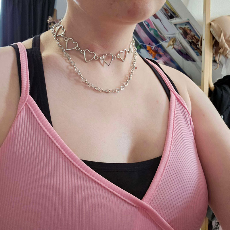 Hollow Love Splicing Double Necklace Women's Cross Chain Multi-layer Choker Collarbone Chain Jewelry