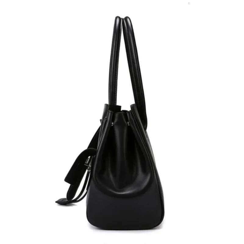 Meet You Design Large Capacity Black Pu Leather Tote Ladies Multi-Pocket Shoulder Bag Office Lady Commuter Handbag